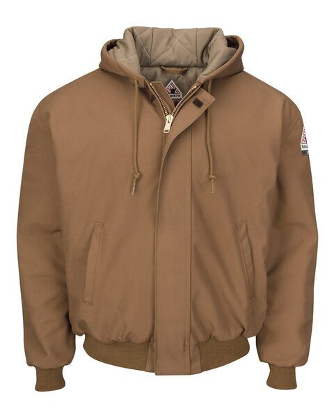 Men's Insulated Brown Duck Hooded Jacket with Knit Trim - JLH6